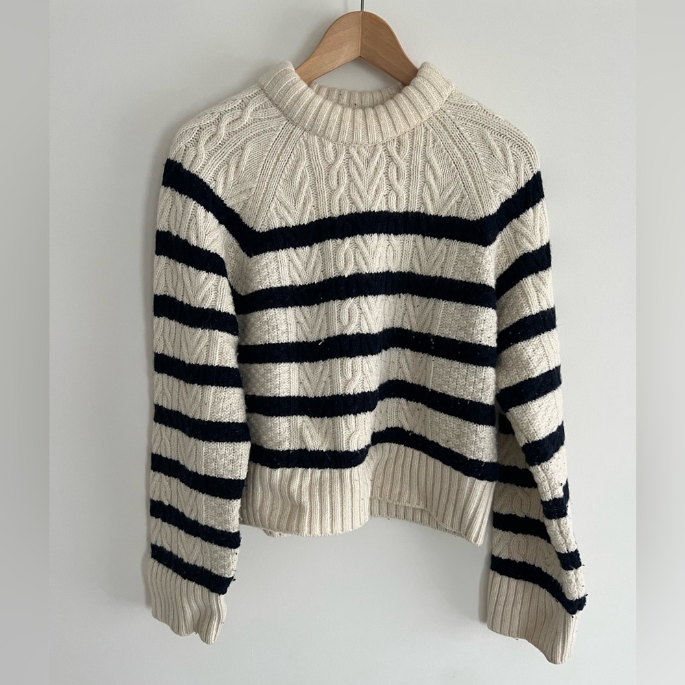Striped Cable Knit Sweater - Cream and Navy